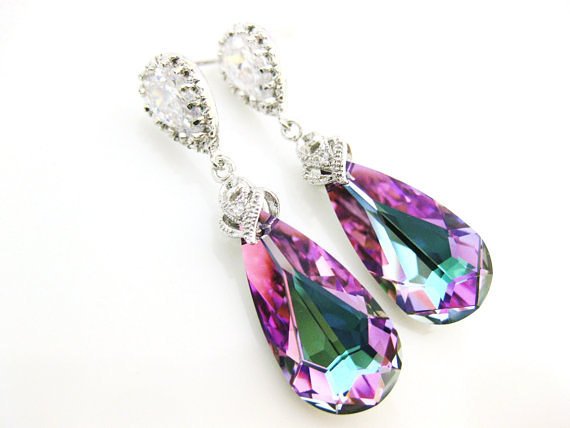 Swarovski Crystal Vitrail Light Teardrop Earrings Purple Earrings Bridesmaid Gift Wedding Jewelry Bridal Earrings Silver Earrings (e028)
