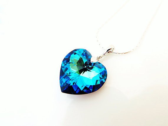 Swarovski Bermuda Blue Heart Crystal Pendant Necklace Bridal