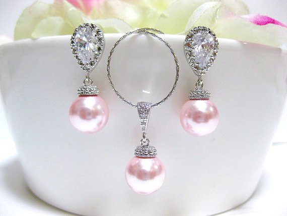 Blush Pink Bridal Pearl Earrings & Necklace Set Swarovski Rosaline 10mm Round Pearl Wedding Jewelry Bridesmaid Gift Pink Jewelry (NE028)
