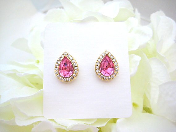 Swarovski Rose Pink Teardrop Stud Earrings Light Pink Earrings Cubic Zirconia Earrings Wedding Bridesmaids Gift White Gold Earrings (e303)