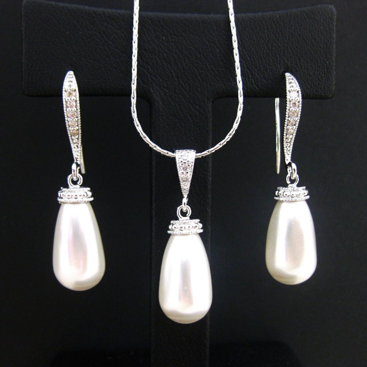 Bridal Pearl Earrings & Necklace Gift Set Teardrop Pearl Earrings Wedding Pearl Jewelry Bridesmaid Gift Dangle Drop Earrings (ne037)