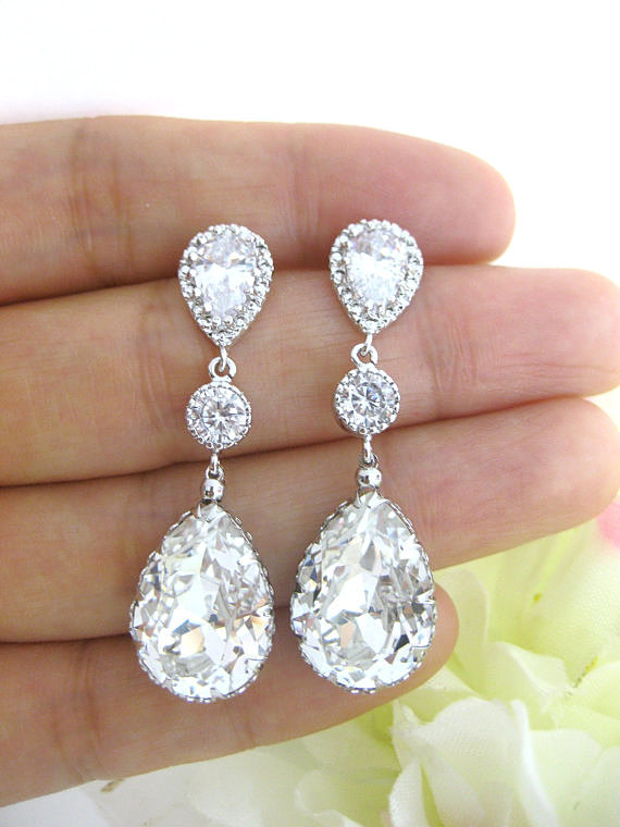 Bridal Crystal Earrings Swarovski Clear White Crystal Teardrop Earrings Wedding Jewelry Bridesmaid Gift Bridal Bridal Long Earrings (e063)