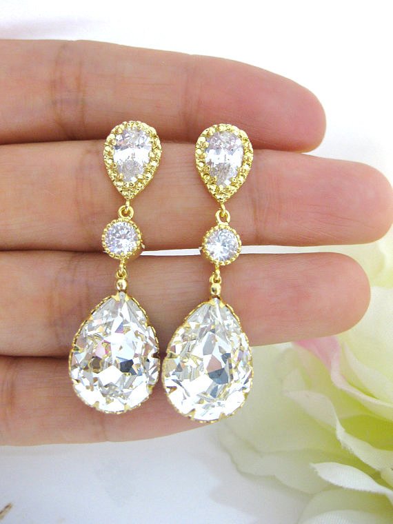 Bridal Crystal Earrings Swarovski Clear Crystal Teardrop Earrings Wedding Jewelry Bridesmaid Gift Bridal Long Bridal Earrings (e063)