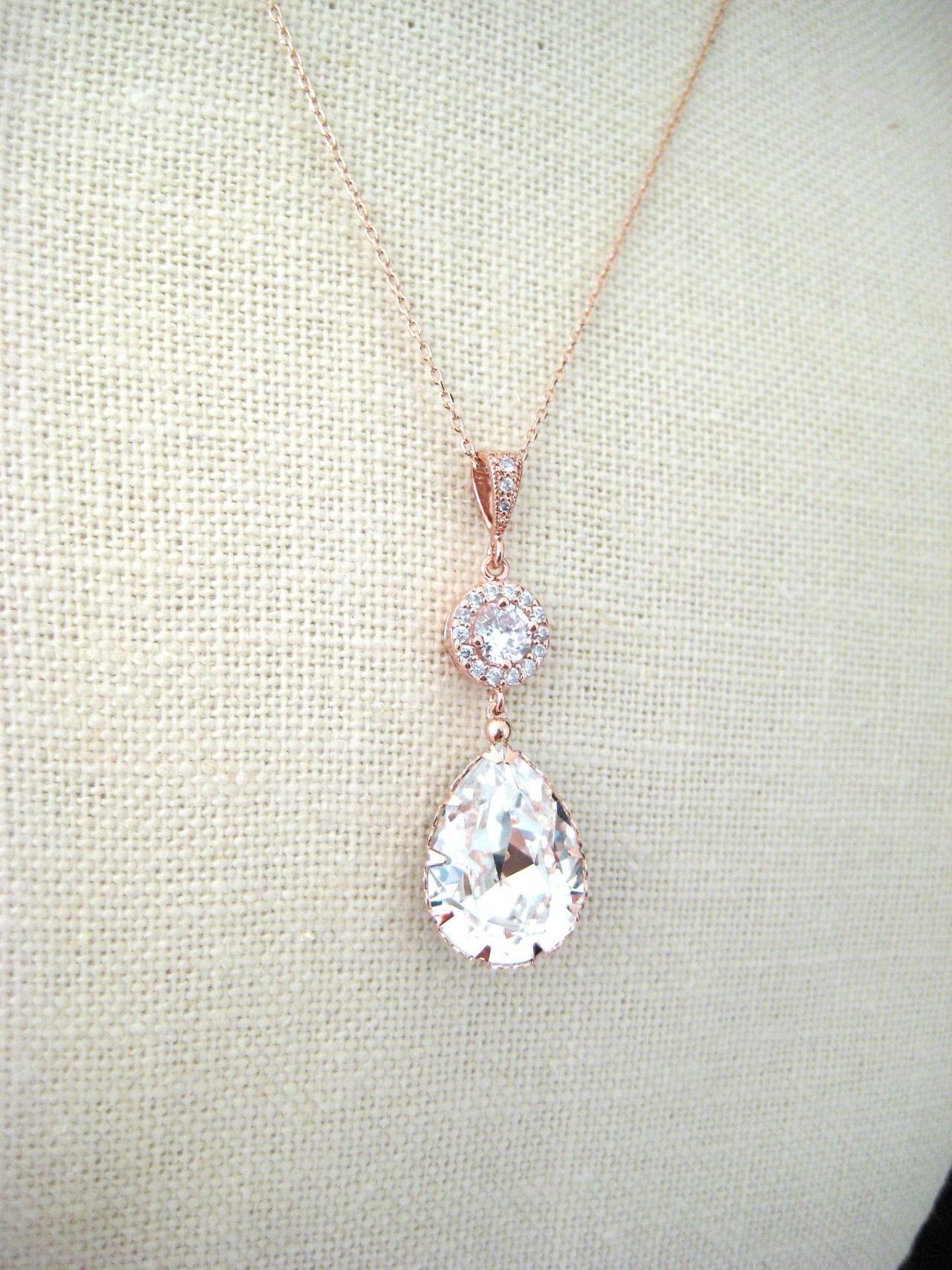 Rose Gold Bridal Crystal Necklace Swarovski Clear White Crystal Teardrop Necklace Wedding Jewelry Bridesmaid Gift Bridal Long Necklace(n142)