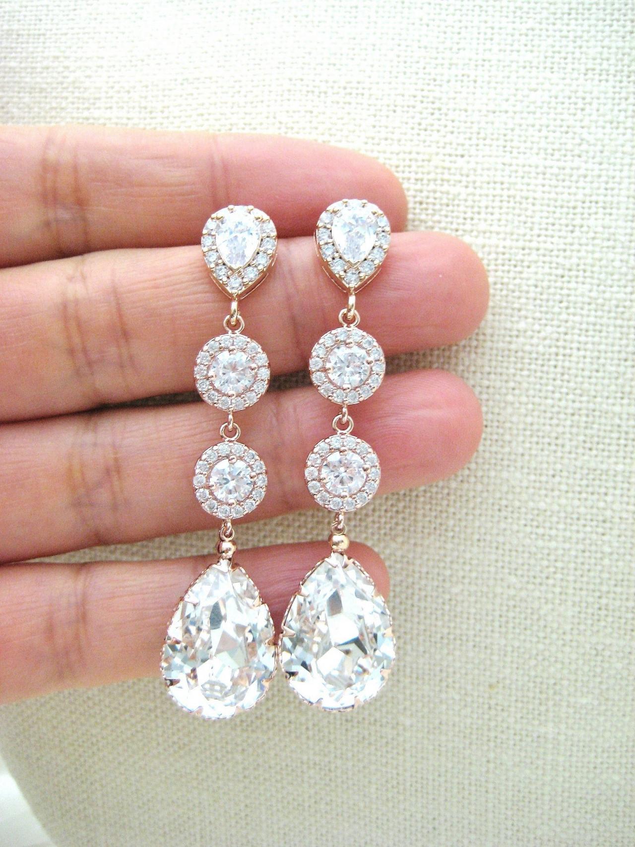 Bridal Crystal Earrings Rose Gold Swarovski Clear White Crystal Teardrop Earrings Wedding Long Dangle Earrings Bridesmaid Gift (e142)