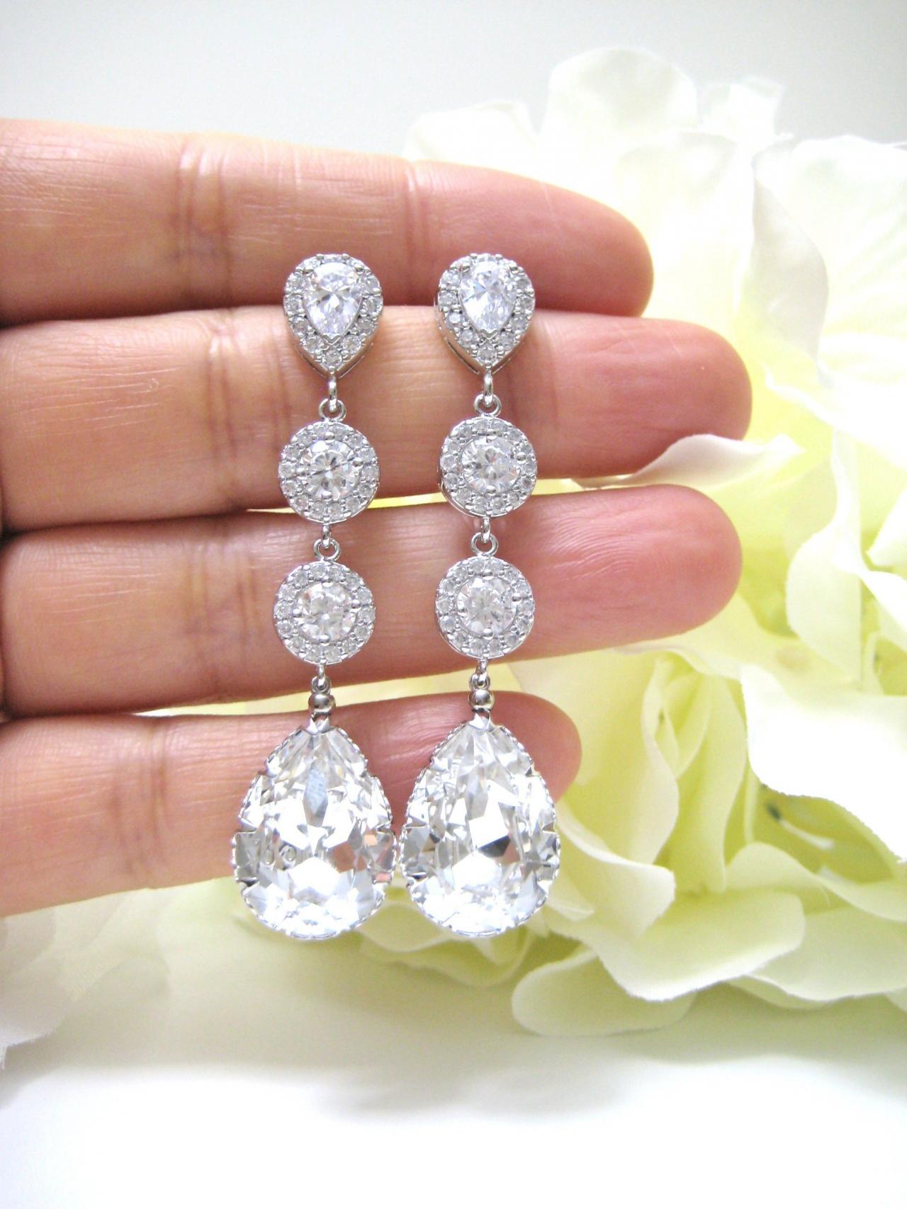 Bridal Crystal Earrings Swarovski Clear White Crystal Teardrop Earrings Wedding Jewelry Bridesmaid Gift Bridal Long Earrings(e142)