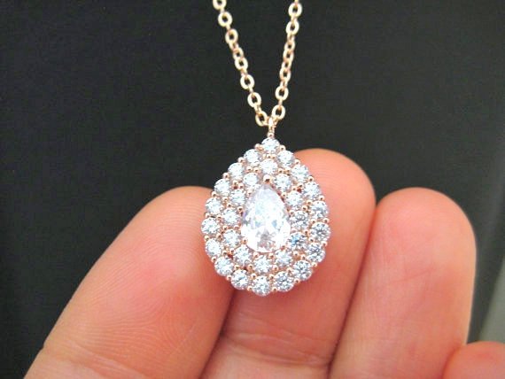 Crystal Teardrop Necklace in Rose Gold, Cubic Zirconia Multi-Stone Halo Necklace, Wedding Pendant Jewelry, Bridesmaid Gift (N062)