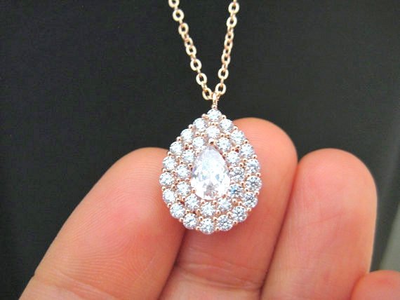 Crystal Teardrop Necklace In Rose Gold, Cubic Zirconia Multi-stone Halo Necklace, Wedding Pendant Jewelry, Bridesmaid Gift (n062)