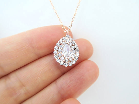 Crystal Teardrop Necklace In Rose Gold, Cubic Zirconia Multi-stone Halo Necklace, Wedding ...
