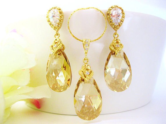 Champagne Golden Teardrop Necklace & Earrings Swarovski Crystal Golden Shadow Wedding Jewelry Bridal Earrings Bridesmaids Gift (ne006)