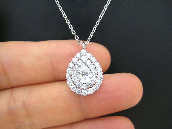 Crystal Teardrop Necklace in Silver, Cubic Zirconia Multi-Stone Halo Necklace, Wedding Pendant Jewelry, Bridesmaid Gift (N062)