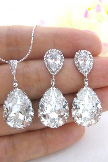 Bridal Crystal Earrings &amp;amp;amp; Necklace Gift Set Swarovski Crystal Teardrop Wedding Jewelry Bridesmaids Gift Cubic Zirconia Jewelry