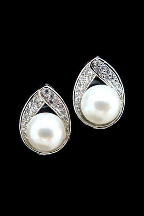 Bridal Pearl Earrings Cubic Zirconia Stud Earrings Swarovski 8mm Round Pearl Wedding Jewelry Teardrop Earrings Bridesmaid Gift (E022)