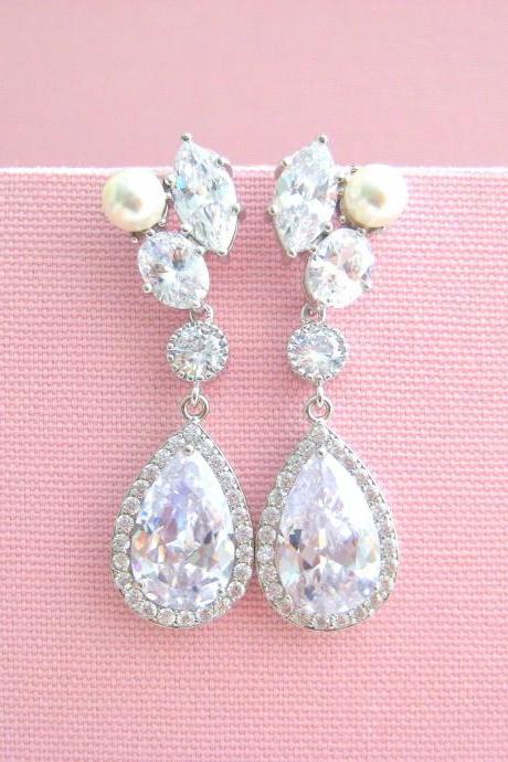 Crystal Bridal Earrings Wedding Teardrop Earrings Long Bridal Earrings Swarovski Pearl Earrings Bridesmaids Gift (E311)