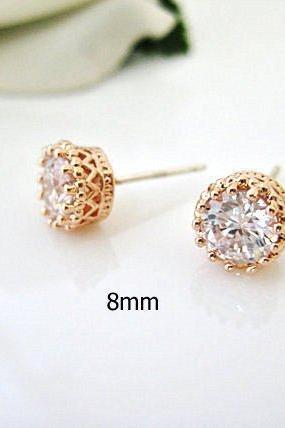 Rose Gold Stud Earrings 8mm Cubic Zirconia Stud Earrings Bridal Crystal Earrings Wedding Jewelry Bridesmaids Gift Minimalist Jewelry (E093)