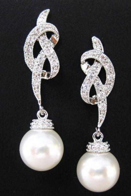 Bridal Pearl Earrings Wedding Pearl Jewelry Ribbon Bow Earrings Swarovski 10mm Pearl Bridesmaid Gift Pearl Drop Dangle Earrings (e012)