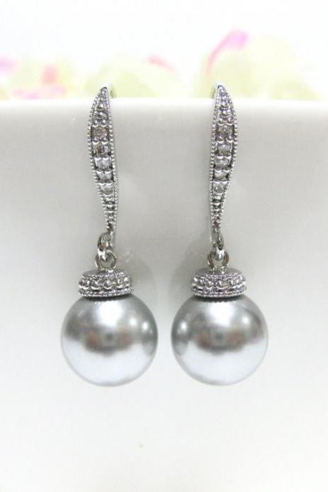 Light Grey Pearl Earrings Bridal Pearl Earrings Swarovski 10mm Round Pearl Pearl Drop Earrings Wedding Jewelry Bridesmaid Gift (E159)
