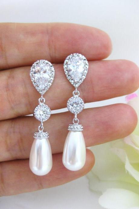 Bridal Pearl Earrings Wedding Jewelry Swarovski Teardrop Pearl Cubic Zirconia Earrings Bridesmaid Gift Long Pearl Earrings (E089)