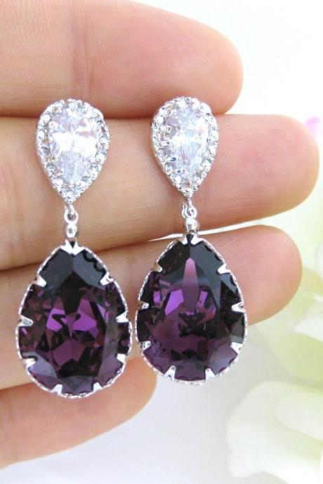 Purple Crystal Earrings Amethyst Teardrop Earrings Swarovski Crystal Cubic Zirconia Earrings Bridesmaid Gift Wedding Earrings (e146)