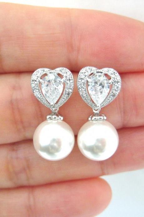 Bridal Pearl Earrings Wedding Earrings Swarovski 10mm Round Pearl Heart-shaped Cubic Zirconia Earrings Bridesmaid Gift (e309)