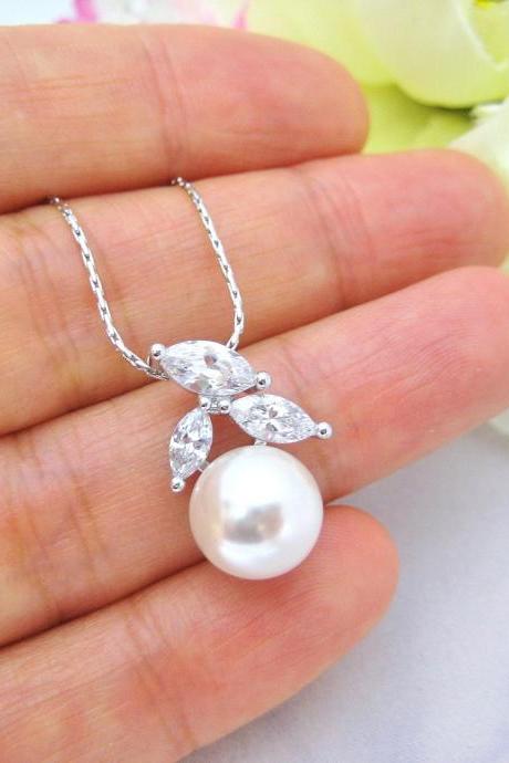 Pearl Necklace Lux Cubic Zirconia Necklace Swarovski Crystal 10mm Round Pearl Wedding Jewelry Bridesmaids Gift Wedding Pendant (E019)