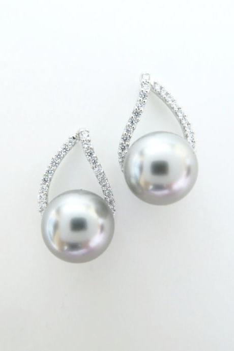 Light Grey Pearl Earrings Bridal Pearl Stud Earrings Swarovski 10mm Pearl Wedding Earrings Cubic Zirconia Teardrop Bridesmaid Gift (E105)