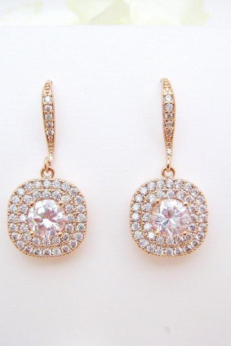 Rose Gold Bridal Crystal Earrings Square Cut Halo Style Earrings Wedding Jewelry Bridesmaids Gift Cubic Zirconia Multi-Stone Earrings (E204)