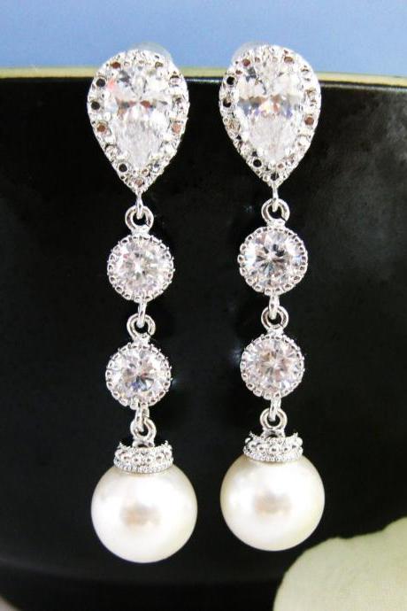 Bridal Pearl Earrings Swarovski 10mm Round Pearl Wedding Jewelry Pearl Dangle Earrings Bridesmaid Gift Cubic Zirconia Earrings (E039)
