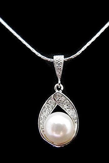 Bridal Pearl Necklace Swarovski 8mm Pearl Cubic Zirconia Teardrop Necklace Wedding Jewelry Bridesmaid Gift Dangle Drop Necklace (n057)