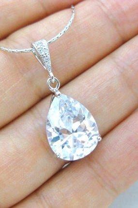 Bridal Crystal Necklace Cubic Zirconia Teardrop Necklace Bridesmaid Gift Wedding Jewelry Sparky Necklace Bridal Party Gift (N050)