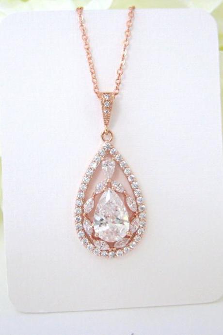 Rose Gold Bridal Crystal Necklace Cubic Zirconia Teardrop Necklace Bridal Drop Necklace Wedding Necklace Bridesmaid Gift (N065)