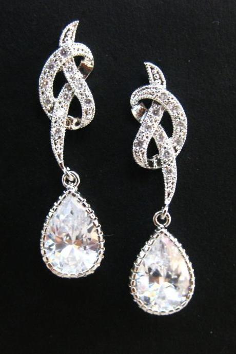 Ribbon Bow Earrings Cubic Zirconia Teardrop Earrings Wedding Jewelry Bridesmaid Gift Bridal Earrings Drop Earrings Silver Earrings (e097)