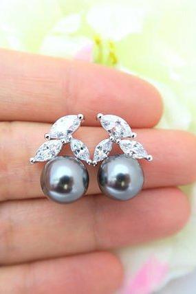 Dark Grey Pearl Earrings Wedding Jewelry Bridesmaids Gift Cubic Zirconia Stud Earrings Charcoal Pearl Swarovski 10mm Pearl (e200)