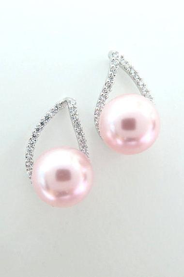 Blush Pink Pearl Earrings Bridal Cubic Zirconia Teardrop Earrings Swarovski Rosaline 10mm Pearl Wedding Jewelry Bridesmaids Gift (E105)