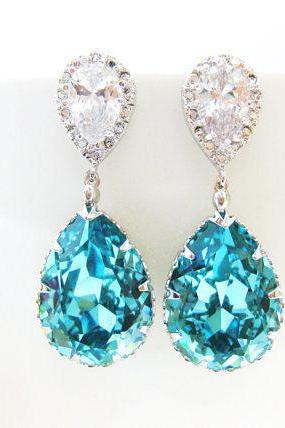 Teal Blue Swarovski Crystal Earrings Wedding Jewelry Bridal Drop Earrings Light Turquoise Earrings Bridesmaids Gift Blue Earrings (e144)
