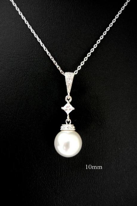 Bridal Pearl Necklace Swarovski 10mm Round Pearl Drop Dangle Necklace Bridesmaid Gift Wedding Jewelry Birthday Gift (n049)