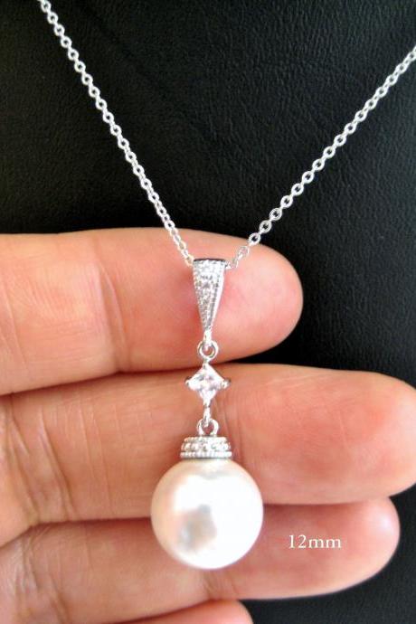 Bridal Pearl Necklace Swarovski 12mm Round Pearl Drop Dangle Necklace Bridesmaid Gift Wedding Jewelry Birthday Gift (n049)