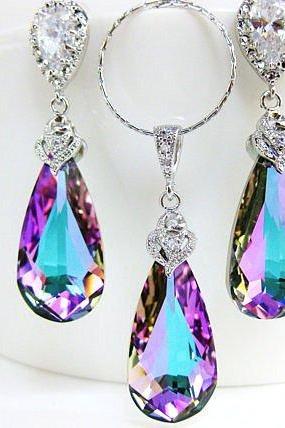 Vitrail Light Teardrop Earrings & Necklace Gift Set Pink Purple Jewelry Set Swarovski Crystal Bridal Jewelry Wedding Jewelry (NE009)