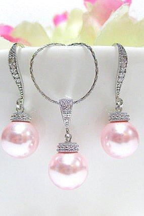 Bridal Pearl Earrings Light Pink Wedding Earrings Swarovski Rosaline 10mm Pearl Wedding Jewelry Bridesmaid Gift Gift for Her (NE029)
