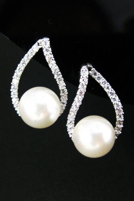 Bridal Pearl Earrings Wedding Jewelry Cubic Zirconia Teardrop Earrings Swarovski 8mm Pearl Silver Stud Earrings Bridesmaids Gift (E105)