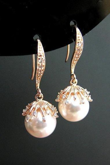 Bridal Pearl Earrings Swarovski 10mm Round Pearl White Gold Earrings Floral Pearl Drop Earrings Wedding Jewelry Bridesmaid Gift (E301)