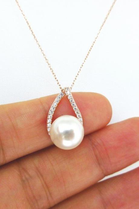Bridal Pearl Necklace Rose Gold Cubic Zirconia Teardrop Swarovski 10mm Pearl Bridesmaid Gift Wedding Necklace Sterling Silver Chain (N029)