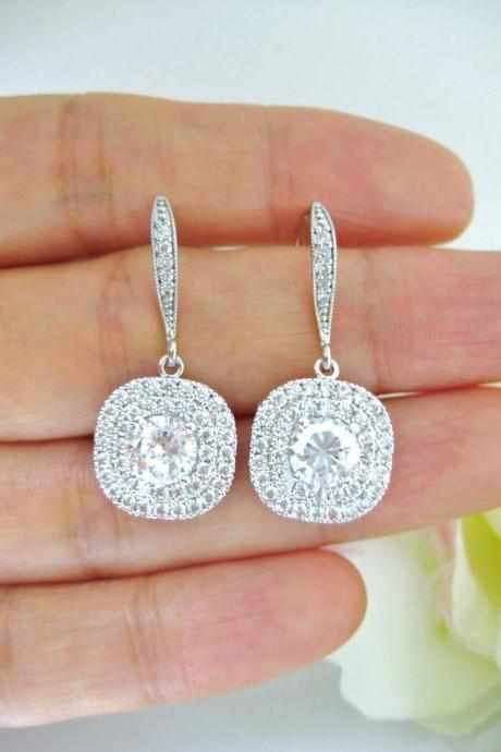 Rose Gold Bridal Crystal Earrings Square Cut Halo Style Earrings Wedding Jewelry Bridesmaids Gift Cubic Zirconia Multi-stone Earrings (e204)