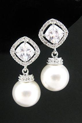 Bridal Pearl Earrings Wedding Pearl Earrings Swarovski 10mm Round Pearl Cubic Zirconia Earrings Square Cut Earrings Bridesmaid Gift (E152)
