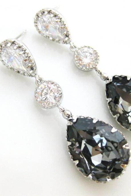 Bridal Dark Grey Earrings Charcoal Crystal Teardrop Earrings Swarovski Silver Night Black Earrings Wedding Jewelry Bridesmaid Gift (e149)
