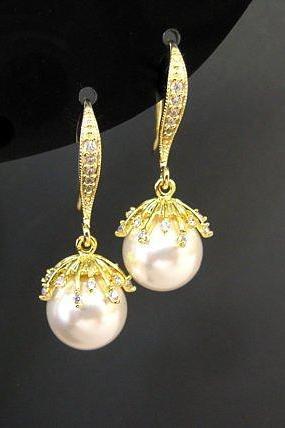 Gold Pearl Earrings Bridal Pearl Earrings Swarovski 10mm Round Pearl Flower Floral Pearl Earrings Wedding Jewelry Bridesmaid Gift (E301)