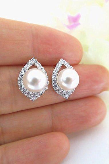 Bridal Pearl Stud Earrings Swarovski 8mm Pearl Wedding Jewelry Bridesmaids Gift Sparky Cubic Zirconia Stud Earrings Mother's Day Gift (E186)