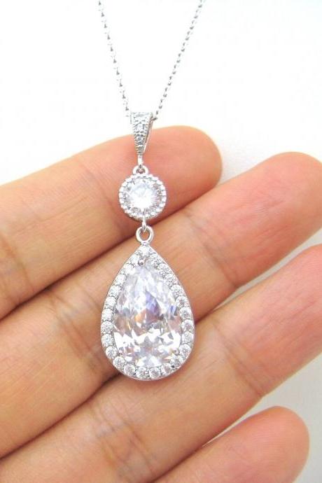Wedding Necklace Bridal Clear Crystal Necklace Large Cubic Zirconia Teardrop Necklace Bridesmaids Gift Dangle Long Bridal Necklace (N003)