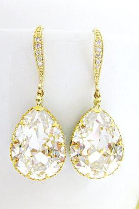 Bridal Crystal Earrings Gold Swarovski Clear Crystal Teardrop Earrings Wedding Jewelry Bridesmaid Gift Bridal Drop Dangle Earrings (E122)