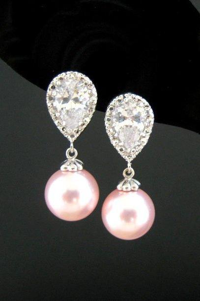 Blush Pink Pearl Earrings Wedding Earrings Swarovski Rosaline 10mm Pearl Light Pink Pearl Earrings Wedding Jewelry Bridesmaid Gift (E176)